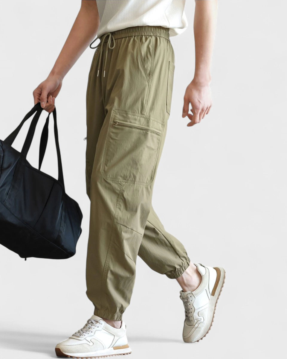 Moisture-wicking jogger pants with elastic waistband and zipper pockets