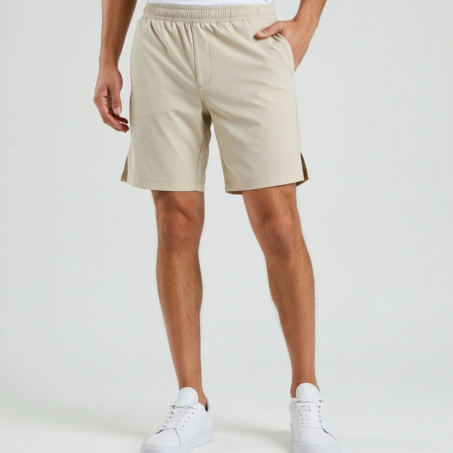 Beige performance shorts from Bearvel’s Shorts Collection, featuring breathable, sweat-wicking fabric and a flexible fit for workouts, commutes, and casual wear.